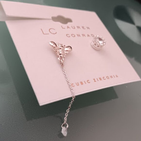 LC LAUREN CONRAD Queen Bee & Royal Crown Silver Clear CZ Mismatch Earrings**NEW! - Picture 2 of 3
